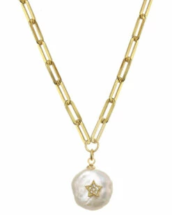 Deals ✨ Rachel Reinhardt 14K Over Silver 18-20mm Pearl & CZ Paperclip Chain Necklace 👩 Women Necklaces ❤️