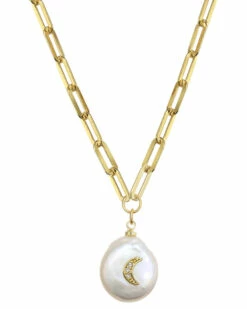 Outlet 👍 Rachel Reinhardt 14K Over Silver 18-20mm Pearl & CZ Paperclip Chain Necklace 👩 Women Necklaces ⭐