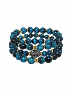 Best Pirce ⌛ Rachel Reinhardt Blue Tiger's Eye & Crystal Fireball Set Of 3 Stretch Bracelets 👩 Women 😍