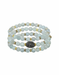 Hot Sale 💯 Rachel Reinhardt 14K Plated Aquamarine & CZ Set Of 3 Stretch Bracelets 👩 Women ⭐