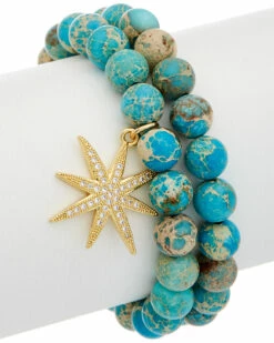 Discount ❤️ Rachel Reinhardt 14K Plated Turquoise Star Stretch Bracelet 👩 Women Bracelets 😀