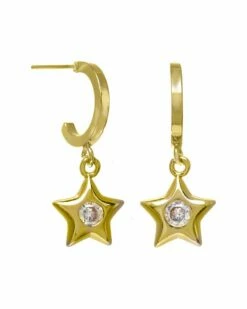 Coupon 🎁 Rachel Reinhardt 14K Over Silver CZ Mini Star Hoops 👩 Women Earrings 👍