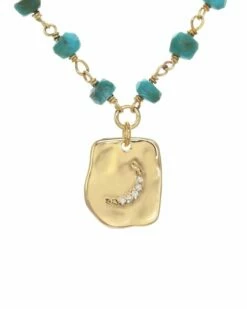 Budget ⭐ Rachel Reinhardt 14K Over Silver Turquoise CZ Moon Pendant Necklace 👩 Women Necklaces 👍